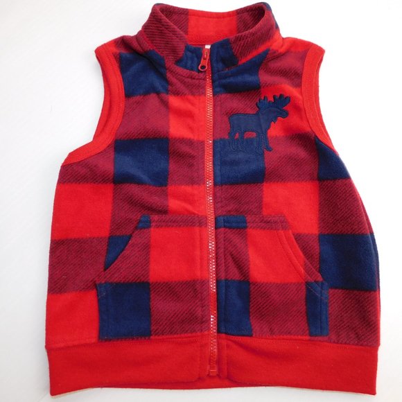 Boys 12-18 Months Red Blue Plaid Fleece Full Zip Vest with moose - Picture 1 of 6